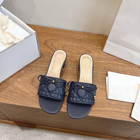Meet the Posher Shoes - DIOR Cannage Quilted Lambskin Heeled Mules Slides Navy Blue